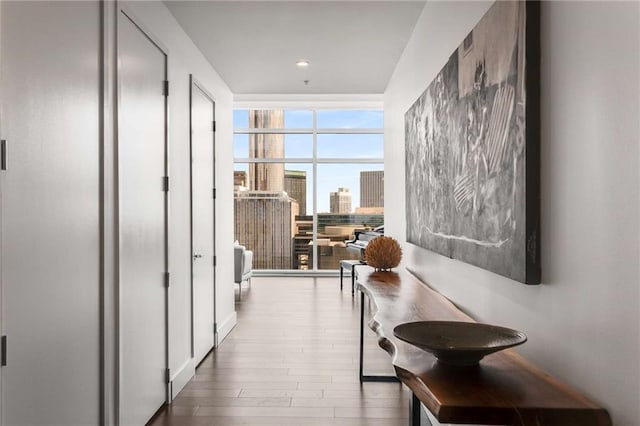 corridor featuring floor to ceiling windows and hardwood / wood-style floors