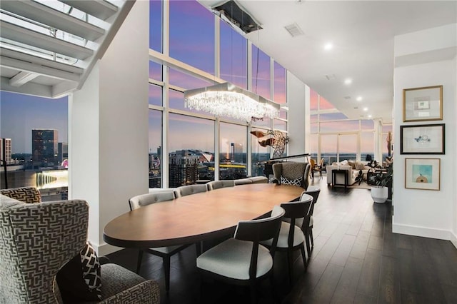 dining room featuring expansive windows and dark hardwood / wood-style flooring