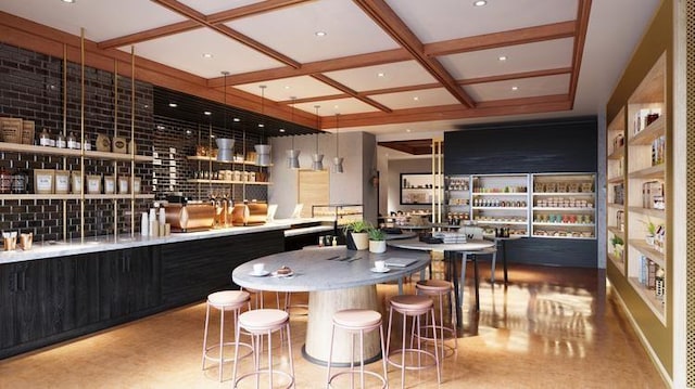 bar with coffered ceiling and pendant lighting