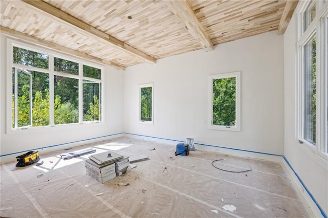 empty room featuring beamed ceiling, a wealth of natural light, and wooden ceiling