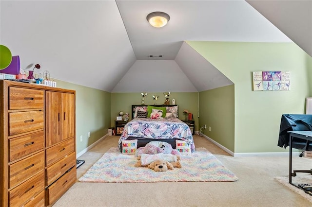 bedroom with light carpet, visible vents, baseboards, and vaulted ceiling