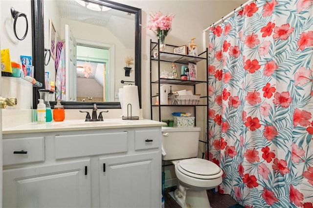 bathroom with toilet, vanity, and a shower with curtain