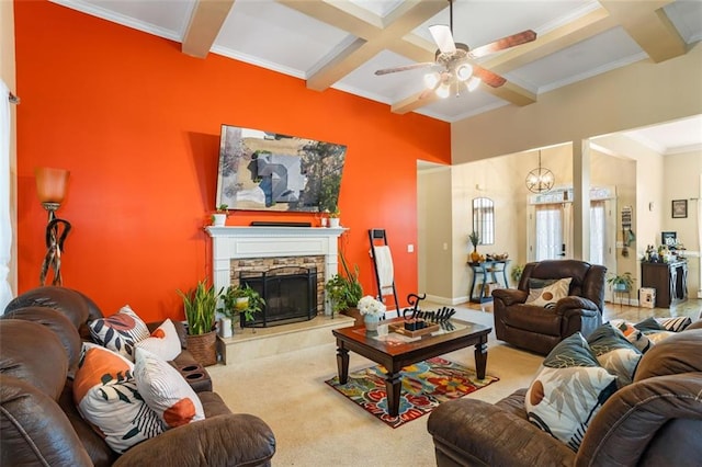 carpeted living room with beam ceiling, a fireplace, coffered ceiling, and ceiling fan