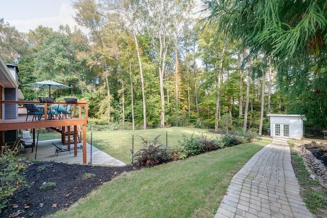 225 Jayne Ellen Way, Alpharetta, GA 30009 - view of yard with a wooden deck, french doors, an outdoor structure, and a patio