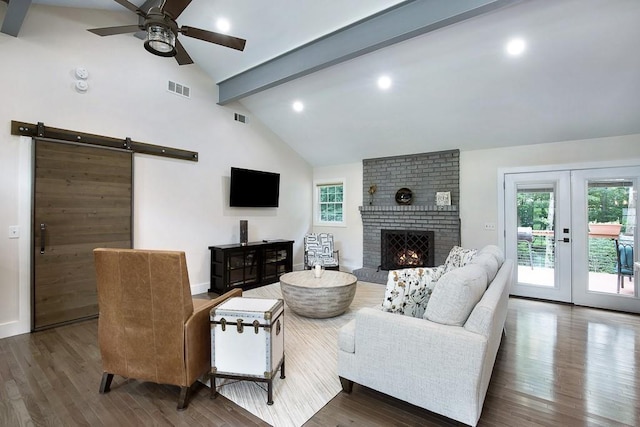 225 Jayne Ellen Way, Alpharetta, GA 30009 - living area featuring a ceiling fan, wood finished floors, recessed lighting, and a brick fireplace