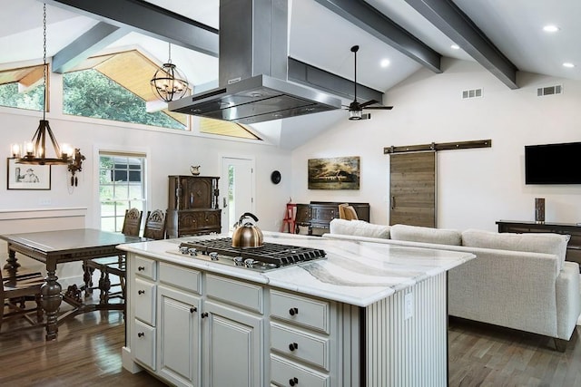 225 Jayne Ellen Way, Alpharetta, GA 30009 - kitchen with island exhaust hood, a barn door, a chandelier, stainless steel gas stovetop, and open floor plan