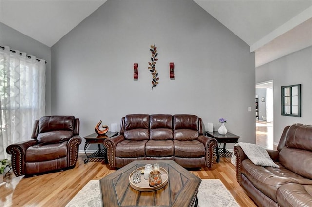 living room with high vaulted ceiling and light hardwood / wood-style flooring