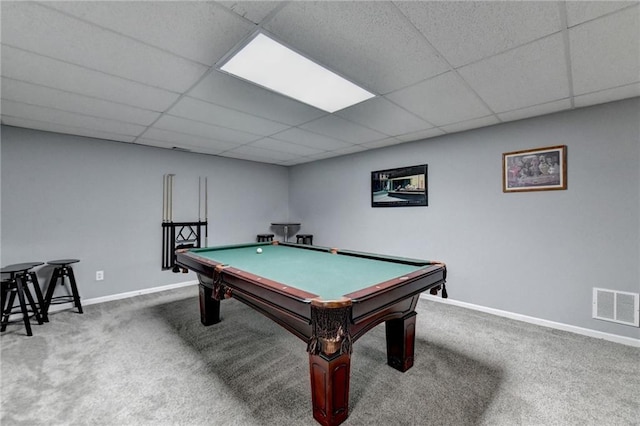 playroom with a drop ceiling, pool table, and carpet