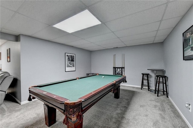 playroom with carpet flooring, a drop ceiling, and billiards