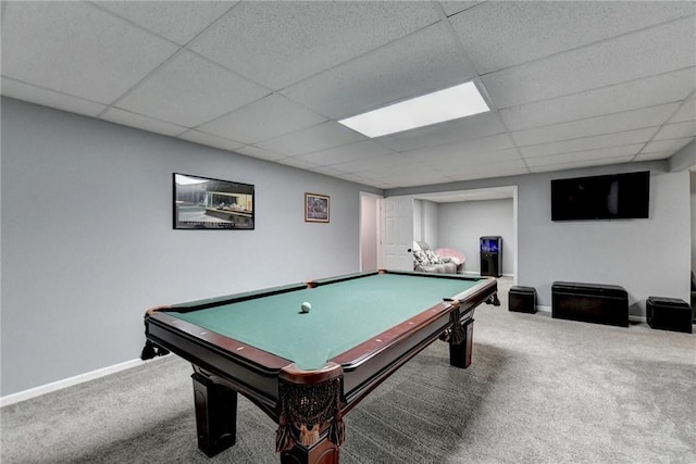 rec room with billiards, carpet, and a drop ceiling