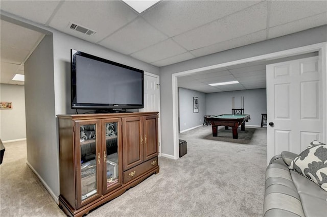 rec room featuring billiards, carpet, and a drop ceiling