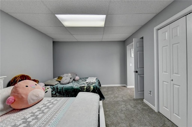 carpeted bedroom featuring a closet and a drop ceiling