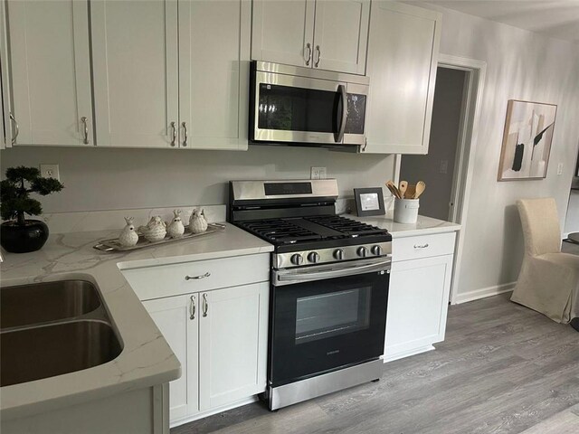 2135 Niskey Lake Rd SW, Atlanta, GA 30331 - kitchen with light wood-type flooring, a sink, light stone counters, baseboards, and stainless steel appliances