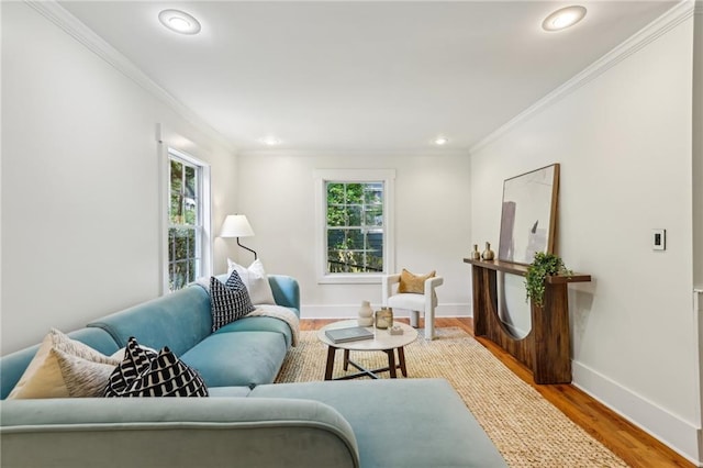1592 Braeburn Dr SE, Atlanta, GA 30316 - living room with plenty of natural light, crown molding, baseboards, wood finished floors, and recessed lighting