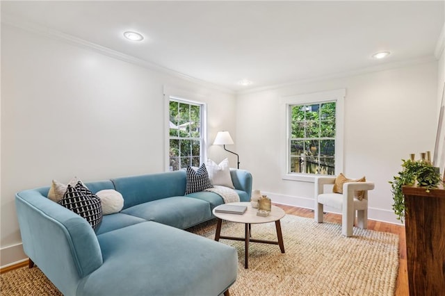1592 Braeburn Dr SE, Atlanta, GA 30316 - living room featuring healthy amount of natural light, crown molding, baseboards, light wood-style floors, and recessed lighting