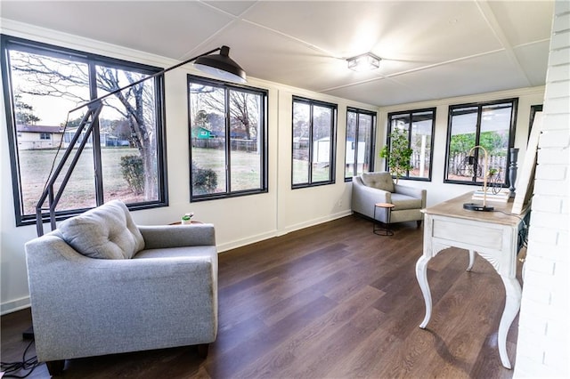 living area with baseboards and dark wood-style flooring