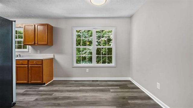 35 Ravenwood Dr, Rockmart, GA 30153 - kitchen with healthy amount of natural light, brown cabinets, light countertops, a textured ceiling, and dark wood-style flooring