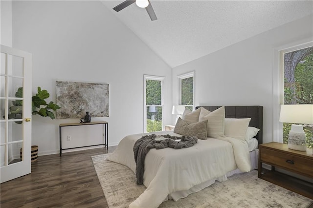 402 Roswell Green Ln, Roswell, GA 30075 - bedroom with high vaulted ceiling, wood finished floors, and a ceiling fan