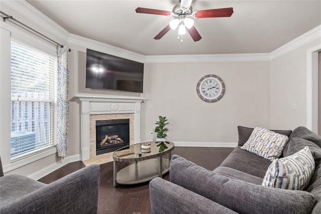 living room featuring hardwood / wood-style floors, a fireplace, ornamental molding, and ceiling fan