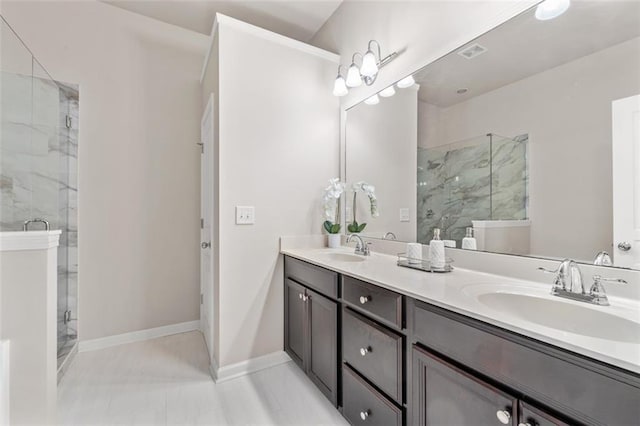 bathroom featuring vanity and a shower with shower door