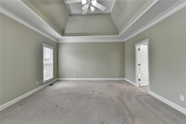 3426 Olivia Grace Way, Dacula, GA 30019 - empty room featuring a ceiling fan, carpet floors, vaulted ceiling, ornamental molding, and baseboards