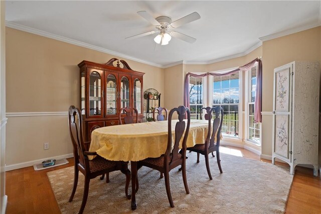 office featuring light wood-type flooring, ceiling fan, and ornamental molding