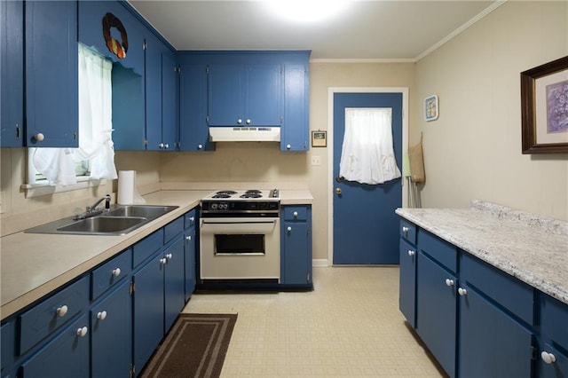 kitchen featuring white stove, sink, light tile patterned flooring, and blue cabinets