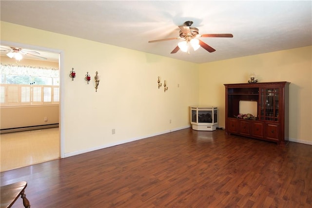 unfurnished living room featuring dark hardwood / wood-style floors, a baseboard radiator, and ceiling fan