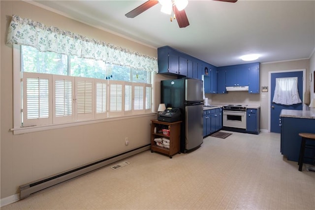 kitchen with ceiling fan, stainless steel fridge, blue cabinets, and white range