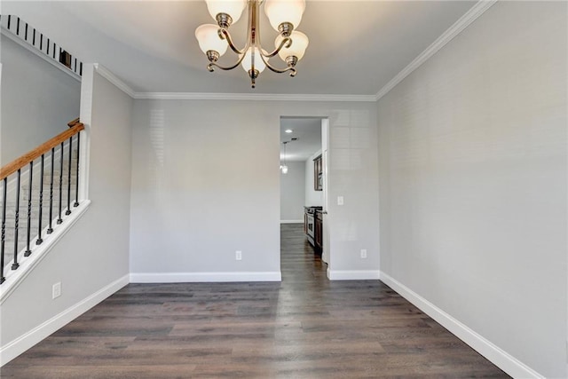 empty room featuring baseboards, ornamental molding, dark wood-style flooring, an inviting chandelier, and stairs