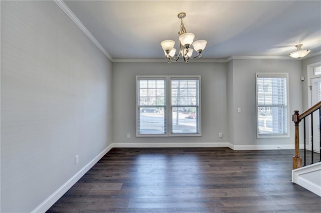 interior space featuring a chandelier, dark wood-type flooring, baseboards, ornamental molding, and stairway