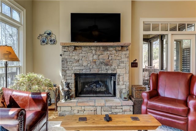 living room with hardwood / wood-style flooring, a stone fireplace, and a wealth of natural light