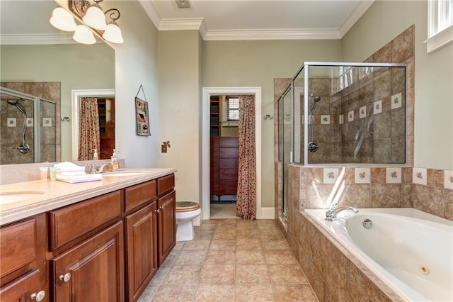 full bathroom featuring vanity, ornamental molding, and shower with separate bathtub