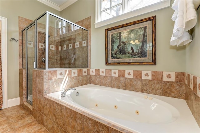 bathroom with independent shower and bath, ornamental molding, and tile patterned flooring