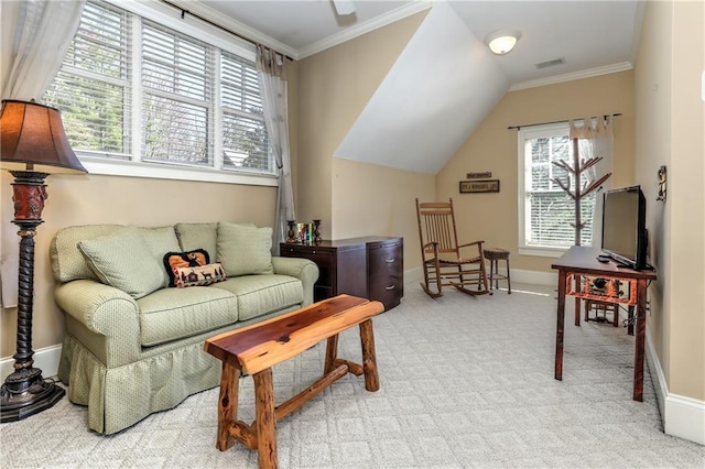 carpeted living room with ornamental molding