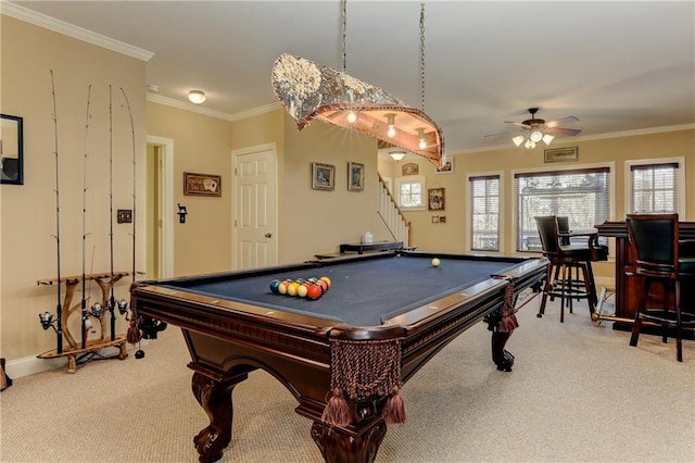 game room featuring ceiling fan, crown molding, carpet, and pool table