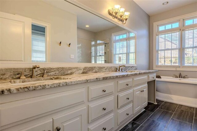 full bath featuring double vanity, a sink, a bath, and a shower stall