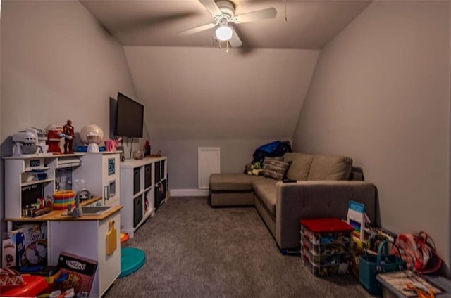 rec room with lofted ceiling, carpet flooring, and ceiling fan