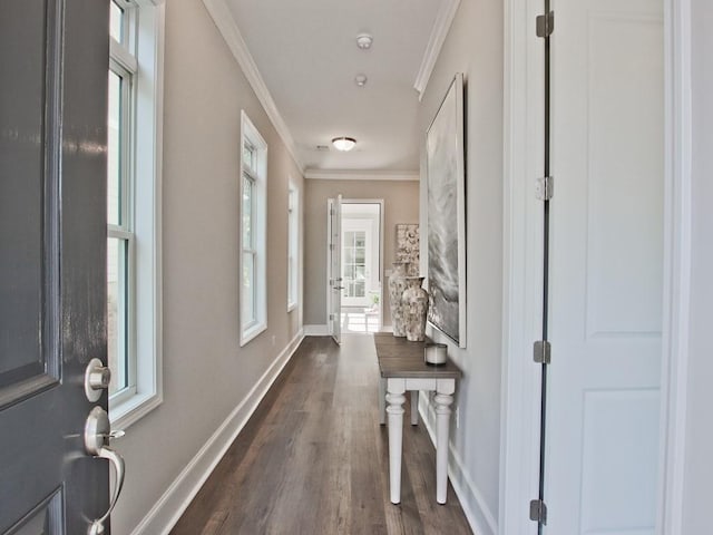 hallway with dark wood-style flooring, baseboards, and ornamental molding