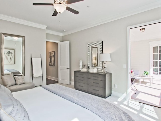bedroom with baseboards, ornamental molding, ceiling fan, and access to exterior