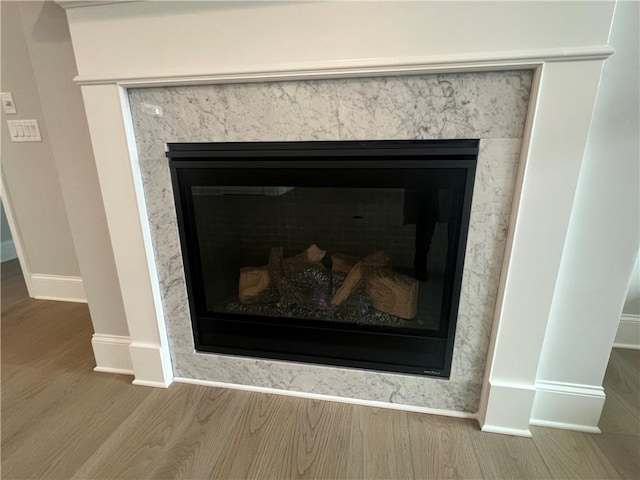 details with baseboards, wood finished floors, and a fireplace
