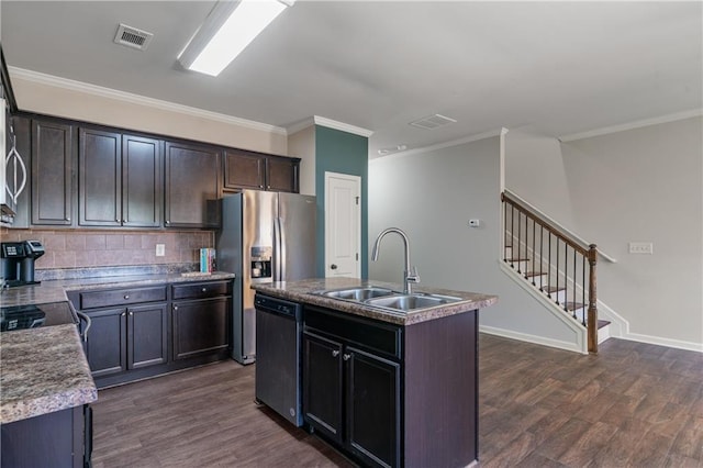 kitchen with dark wood-style flooring, a sink, an island with sink, and stainless steel appliances
