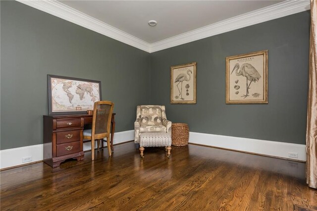 sitting room with baseboards, ornamental molding, wood finished floors, stairway, and arched walkways