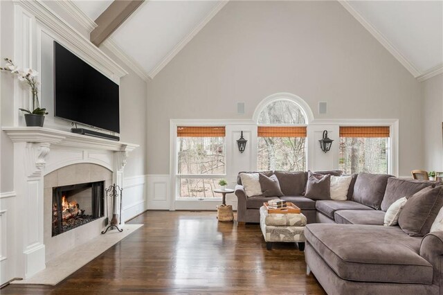 living area with a ceiling fan, dark wood-style floors, and a wealth of natural light