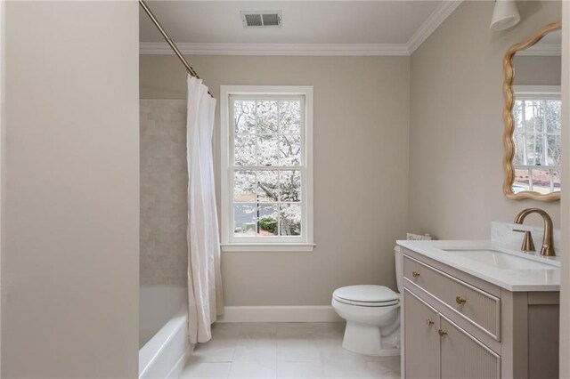carpeted bedroom featuring wallpapered walls, visible vents, and ornamental molding