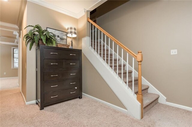hallway with baseboards, carpet floors, and crown molding