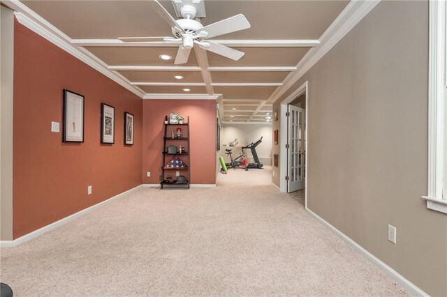 carpeted living room featuring coffered ceiling, ceiling fan, and recessed lighting