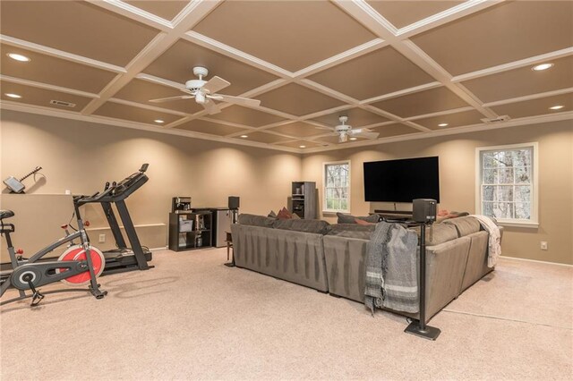 living area featuring coffered ceiling, french doors, light carpet, ceiling fan, and recessed lighting