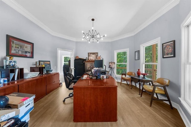9035 Walnut Cove Ct, Gainesville, GA 30506 - office area with light wood-style flooring, ornamental molding, a chandelier, and baseboards