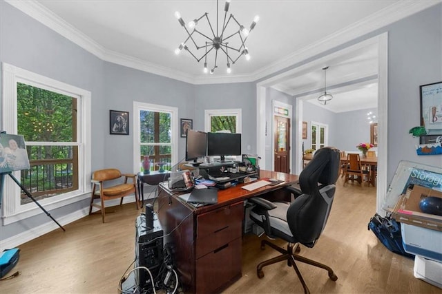 9035 Walnut Cove Ct, Gainesville, GA 30506 - office space featuring wood finished floors, crown molding, a chandelier, and baseboards